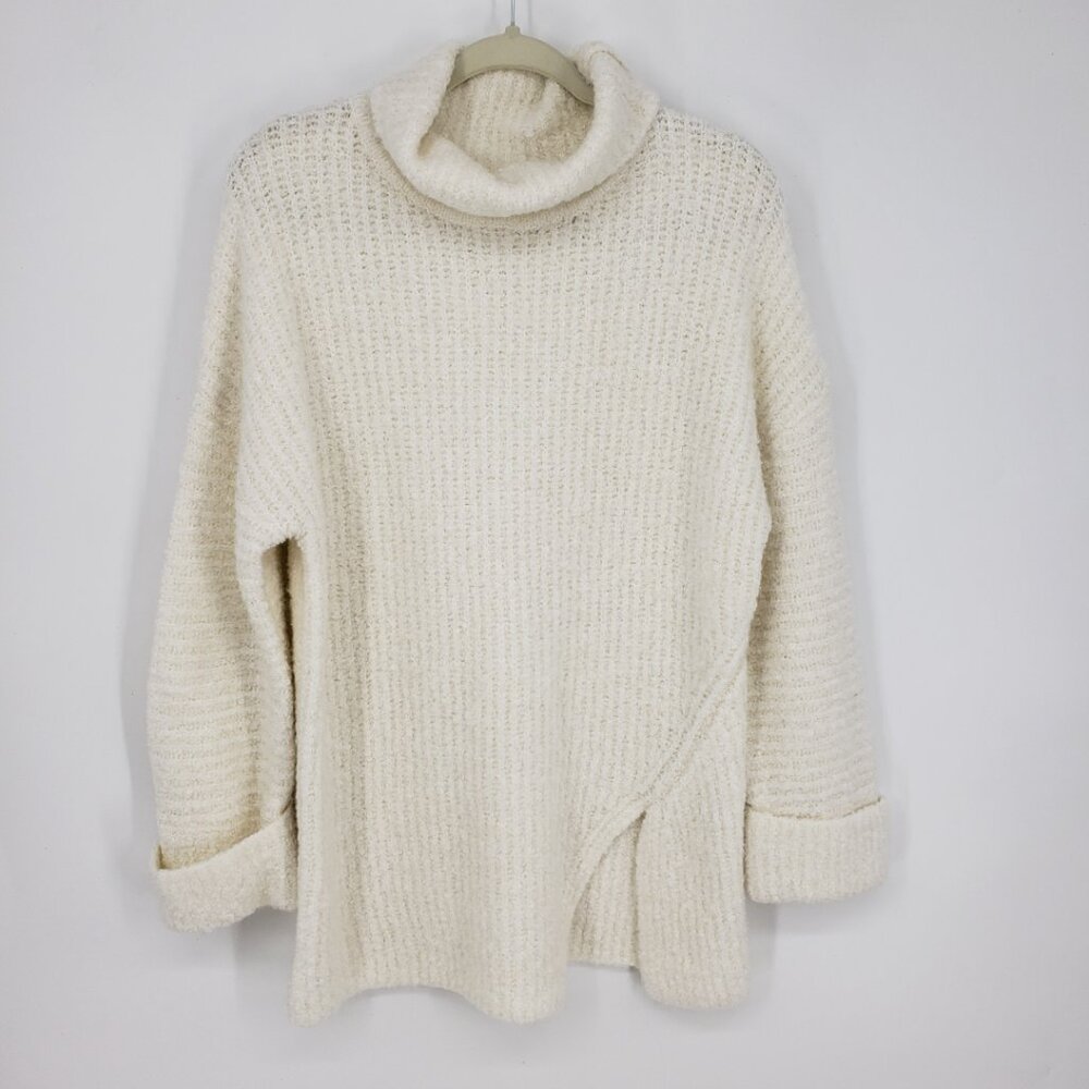Express Chunky Ribbed Knit Turtleneck Sweater S Womens Asymmetrical Slit Cream